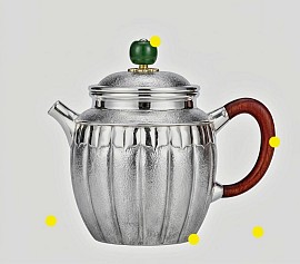 Hammered sterling silver teapot with wooden handle & jade finial order number 580